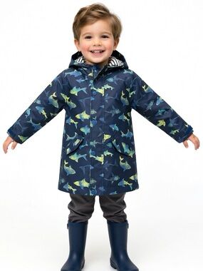 Boy’s Navy Shark Print Raincoat - Blue & Green Sharks